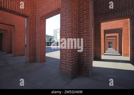 Red Wall archways and passageway with bricks at the German National Library, Library, Nordend, Main, Frankfurt, Hesse, Germany Stock Photo