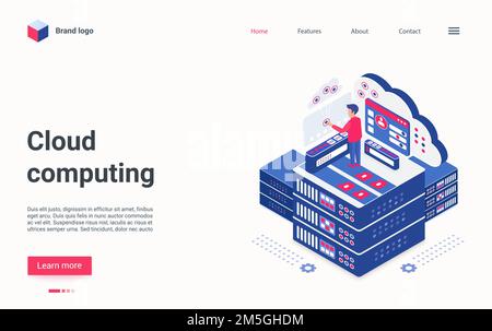 Cloud computing tech concept isometric vector illustration. Cartoon 3d admin engineer technician character working on computer or server host center, Stock Vector
