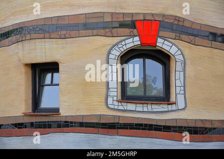 Detail with two windows of the Hundertwasserhaus Waldspirale, red, frame, Darmstadt, Bergstrasse, Hesse, Germany Stock Photo