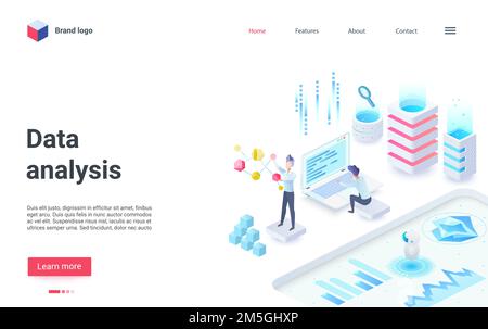 Data analysis, business investment isometric vector illustration. Cartoon 3d analyst people working in analytical service, studying data information o Stock Vector