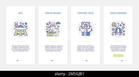 Video digital game, space mission vector illustration. UI, UX onboarding mobile app page screen set with line control gamepad for gamer, aliens ufo sp Stock Vector