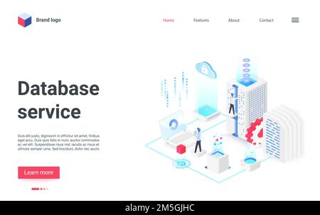 Database management service isometric vector illustration. Cartoon 3d admin programmer people work with laptop or hardware equipment, manage data info Stock Vector