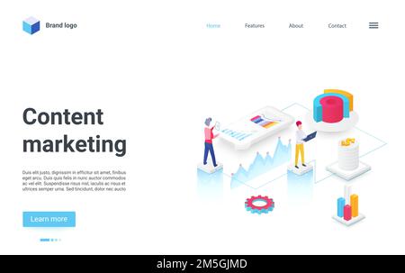Content digital marketing concept isometric vector illustration. Cartoon 3d team of marketer people study audience in social media, seo optimization c Stock Vector