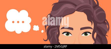 Girl thinking vector illustration. Cartoon beautiful young woman character thinking about problem with dots in think bubble, expression portrait with Stock Vector