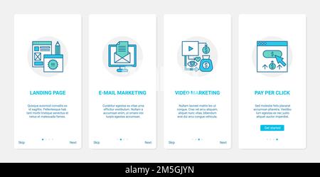 Website ecommerce internet technology vector illustration. UX, UI onboarding mobile app page screen set with line email and video digital marketing, p Stock Vector