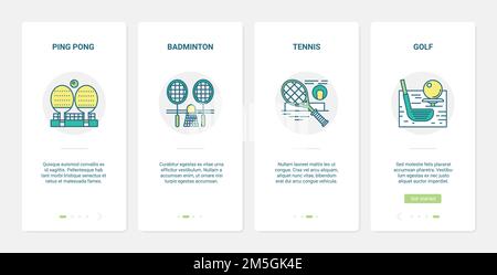 Sport equipment vector illustration. UX, UI onboarding mobile app page screen set with line golf club and ball, rackets for tennis badminton tournamen Stock Vector