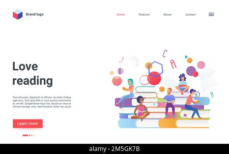 Love reading concept vector illustration. Cartoon happy group of people love to read, sitting on stack of books, holding paper story fantasy book or t Stock Vector