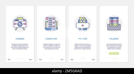 Digital electronic device for office work, paper document management equipment vector illustration. UI, UX onboarding mobile app page screen set with Stock Vector