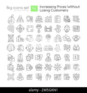 Increasing prices without losing customers linear icons set Stock Vector