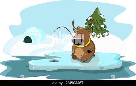 Cute deer decided to fish in the pond near his house Stock Vector