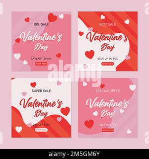 set of valentines day instagram post template with abstract background and color hearts Stock Vector