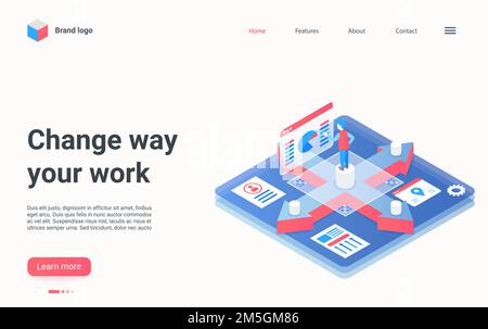 Change way your work concept isometric vector illustration. Cartoon 3d businessman character working with business charts diagrams on dashboard, analy Stock Vector
