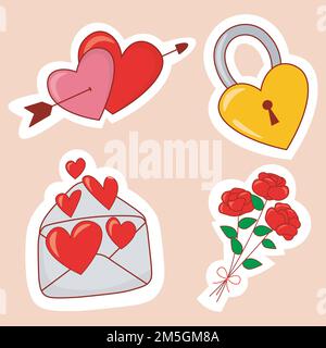 valentines day drawn stickers consists of two hearts with an arrow, love lock, envelope with hearts and bouquet of roses Stock Vector