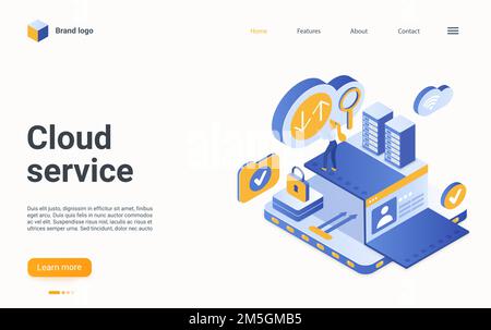 Cloud data service isometric vector illustration. Cartoon 3d user or admin character using hosting server database storage, internet datacenter connec Stock Vector