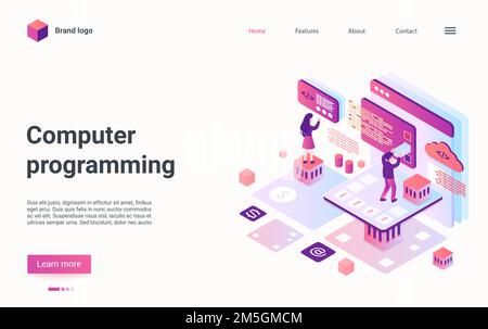 Website creative design, landing page with cartoon student characters learn programming code, programmer training course vector illustration Stock Vector