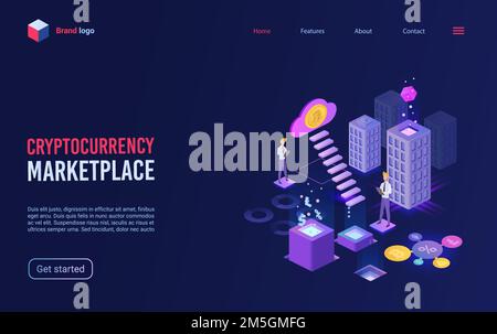 Trade crypto currency on marketplace concept isometric vector illustration. Cartoon 3d abstract modern city with analyst people working, trading on vi Stock Vector