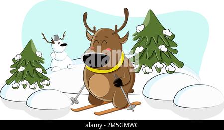 Cute deer skiing on a nice winter day Stock Vector