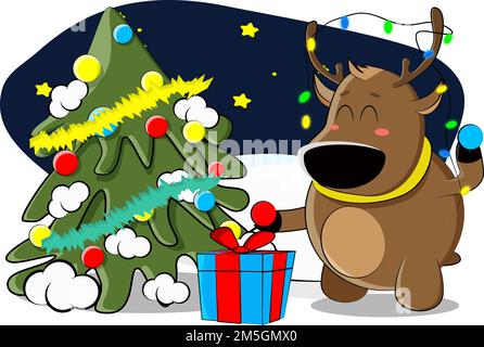 A cute deer decided to decorate the Christmas tree in the forest with toys Stock Vector