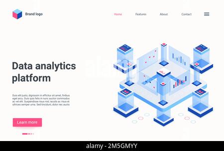 Data analytics platform, automation technology isometric vector illustration. Cartoon workstation supercomputer structure for automatic data processin Stock Vector