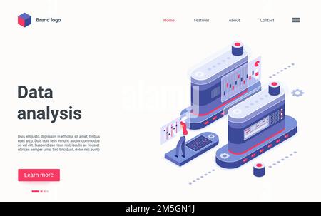 Data analysis concept isometric vector illustration. Cartoon 3d specialist analyst character working with abstract analytics machine to manage graphic Stock Vector