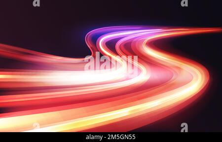 Light speed motion trail, blur streak effect vector illustration. Long exposure fast car transport lights on road city tunnel dark background, blurred Stock Vector
