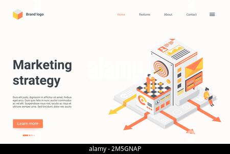 Marketing strategy isometric vector illustration. Cartoon 3d marketer leader or employee character standing on chess board, businessman solving financ Stock Vector