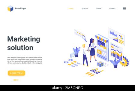 Digital marketing solution isometric vector illustration. Cartoon 3d people developer marketer team working on development strategy and business plan, Stock Vector