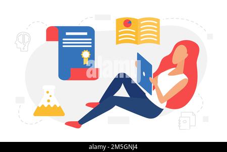 Educational technology, online education and graduation concept vector illustration. Cartoon woman student character holding tablet, studying with gra Stock Vector