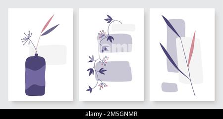 Minimal flower in vase, summer plant branch with leaves vector illustration set. Trendy wall art hand drawing by single continuous line, abstract flor Stock Vector