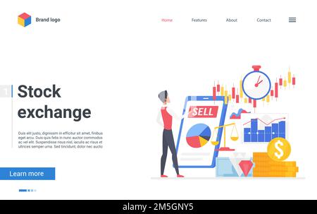 Stock exchange vector illustration. Cartoon marketer analyst man character monitoring financial stock market, trader analyzing index candlestick graph Stock Vector
