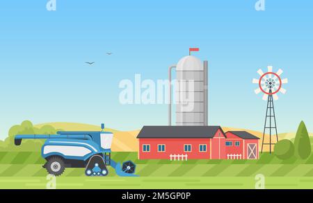 Grain silo tank storage, farm or modern ranch yard with farmhouse in village landscape vector illustration. Cartoon combine harvester working on green Stock Vector