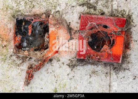 Vandalised fire alarm button and wall socket in abandoned building Stock Photo