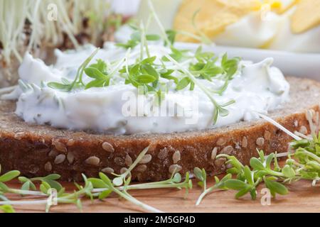Curd cheese with cress on whole wheat bread slice Stock Photo