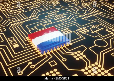 An advanced CPU printed with a national flag of Netherlands on a neon glowing electronic circuit board. Dutch made high-end micro chips Stock Photo