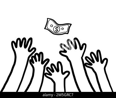 A group of people hands reaching up a dollar money. Success financial freedom opportunity in society. Stock Photo