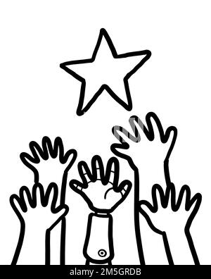 A group of hand including person with disability reaching up the star. Success motivation achievement concept. Illustration black outline drawing, iso Stock Photo