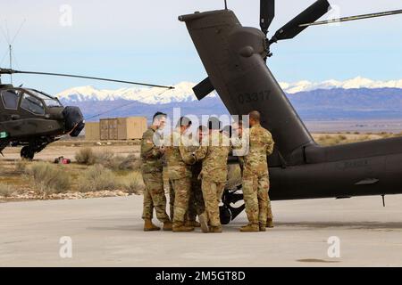 Army aviators assigned to 1-229 Attack Battalion, 16th Combat Aviation Brigade, conduct a pre-flight meeting at Orchard Combat Training Center on Mar. 17, 2022. The unit was conducting aerial gunnery tables and joint training with the U.S. Air Force and Idaho Air National Guard. Stock Photo