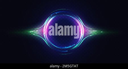 Neon luminous circle, light effect vector illustration. Glow of circular round element, abstract radial motion lines, swirl flare, particles and brigh Stock Vector