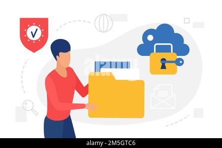 Cloud storage internet technology concept vector illustration. Cartoon man user character holding big folder with information documents to share and u Stock Vector