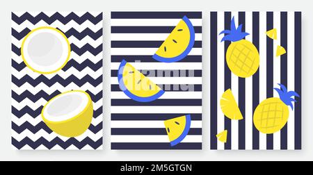 Tropical fruits on striped black and white vector illustration set. Summer yellow lemons pineapple slices, whole and half fruit and stripes in tropic Stock Vector