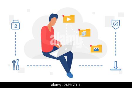 People work with cloud web storage service vector illustration. Cartoon man user character using laptop to upload, download video and media content, o Stock Vector