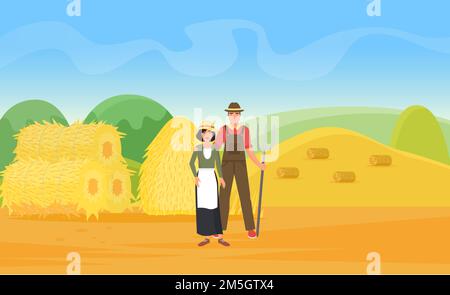 Farmer people work on wheat farm field with haystacks vector illustration. Cartoon villagers characters standing together in countryside farmland vill Stock Vector
