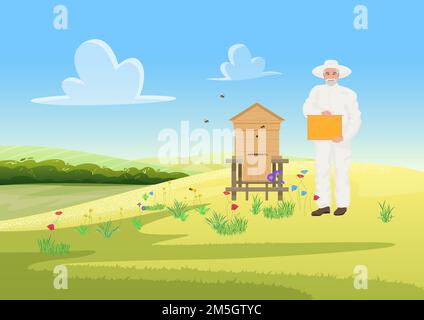Beekeeper people work in apiary, farm apiculture agriculture, honey gathering from wooden beehive vector illustration. Cartoon man in protective unifo Stock Vector