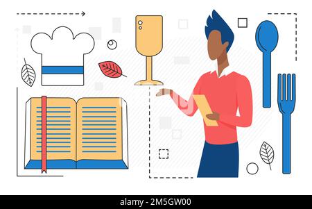 Food cooking, man character with cookbook, chef tools line icon isolated on white Stock Vector