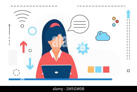 Online work, business woman character working with laptop line icons isolated on white Stock Vector