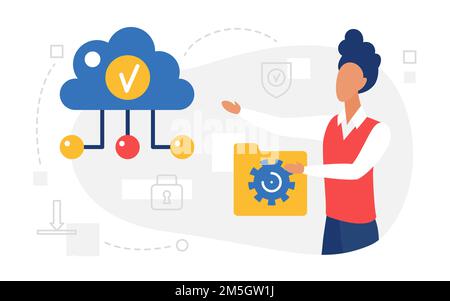 Cloud computing and web service vector illustration. Cartoon man user character holding data folder, uploading files to cloud storage database, comput Stock Vector