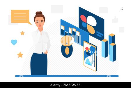 Automation of processes using artificial intelligence in business management. ai platform next to businesswoman, isometric vector image isolated Stock Vector