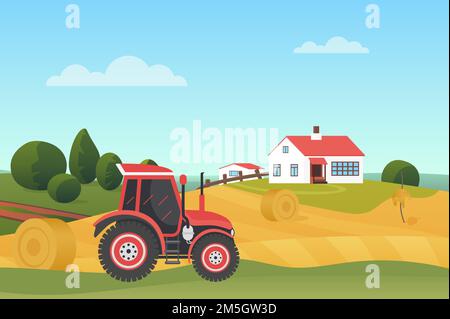 Harvesting in autumn landscape, modern farm tractor on wheat fields with haystacks vector illustration. Cartoon countryside village scenery, agricultu Stock Vector