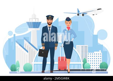 Aircraft crew people in modern airport vector illustration. Cartoon stewardess and pilot characters standing together, international airlines service Stock Vector