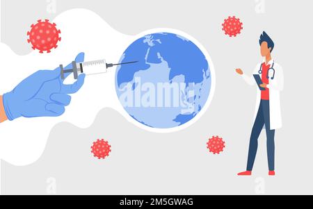 Coronavirus global vaccination, stop world viral infection concept vector illustration. Cartoon doctor hand holding dose of vaccine in syringe injecti Stock Vector